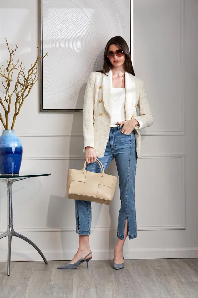 Outlet 8211 Women Suiting Elie Tahari Tweed Double Breasted Blazer Foam