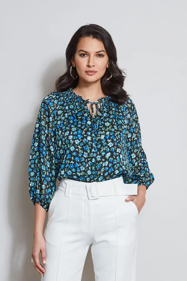 Outlet 8211 Women Tops Elie Tahari Floral Neck Tie Shirt Forget Me Not Print