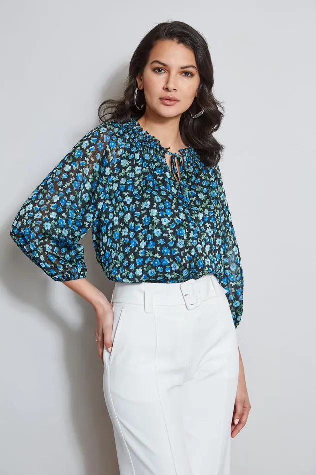 Outlet 8211 Women Tops Elie Tahari Floral Neck Tie Shirt Forget Me Not Print