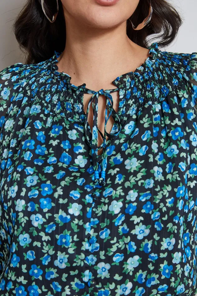 Outlet 8211 Women Tops Elie Tahari Floral Neck Tie Shirt Forget Me Not Print