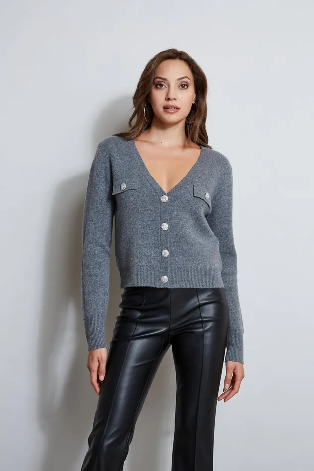 Outlet 8211 Women Tops Elie Tahari Jewel Button Cardigan Grey Melange