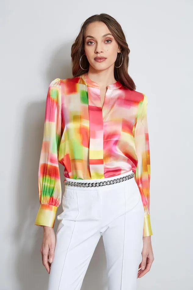 Outlet 8211 Women Tops Elie Tahari Pigment Plaid Silk Shirt Multi