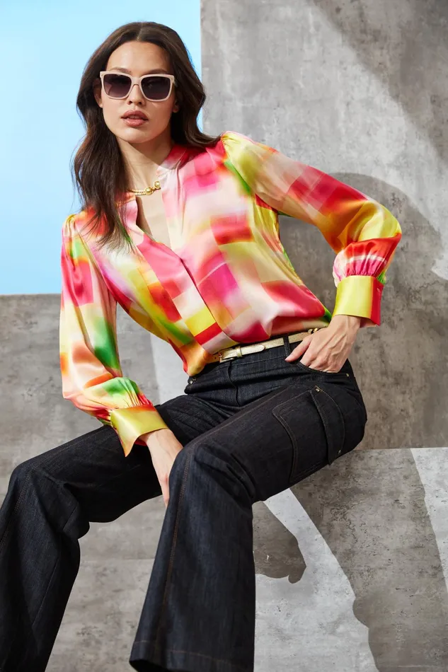 Outlet 8211 Women Tops Elie Tahari Pigment Plaid Silk Shirt Multi
