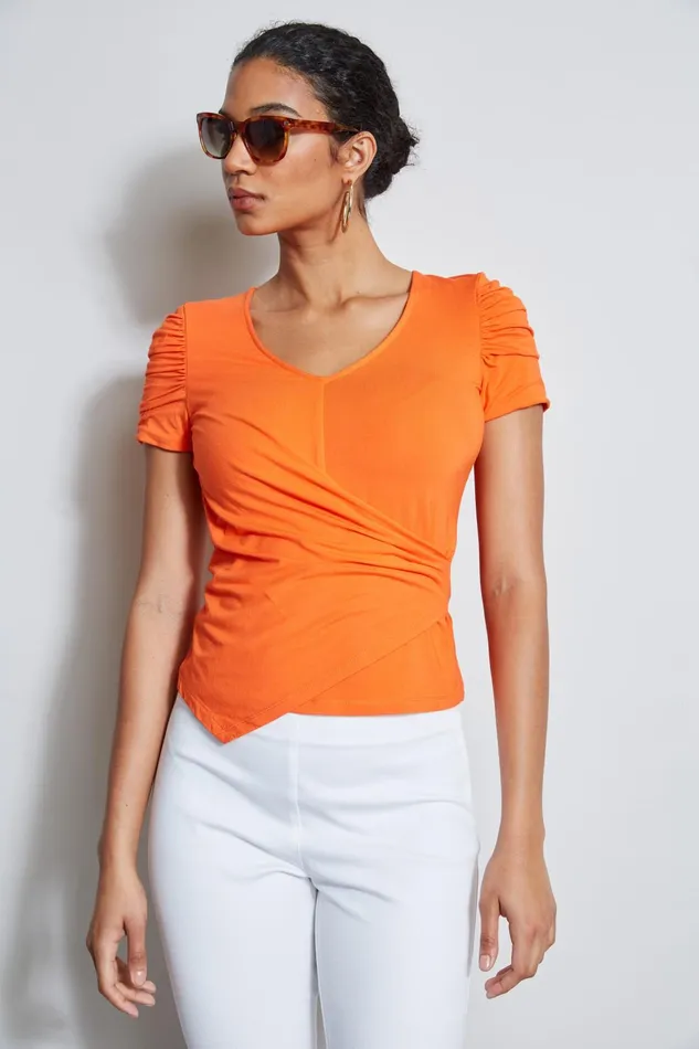 Outlet 8211 Women Tops Elie Tahari Ruched Sleeve VNeck Knit Apricot