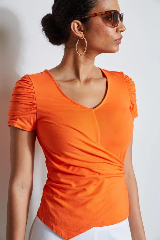 Outlet 8211 Women Tops Elie Tahari Ruched Sleeve VNeck Knit Apricot