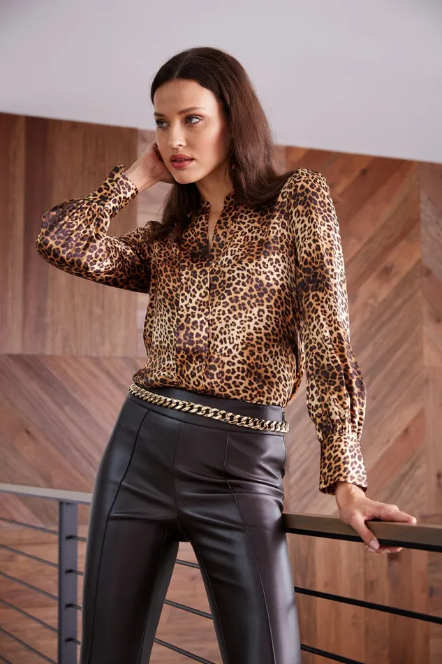 Outlet 8211 Women Tops Elie Tahari Silk Ocelot Print Shirt Multi