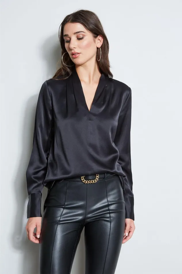Outlet 8211 Women Tops Elie Tahari Silk Satin Contour Neck Shirt Black