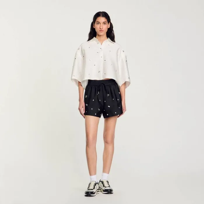 Pants and Shorts Women SANDRO Rhinestone Wideleg Shorts Black