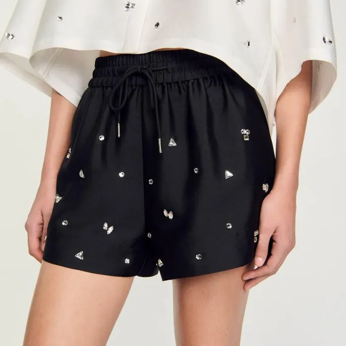 Pants and Shorts Women SANDRO Rhinestone Wideleg Shorts Black