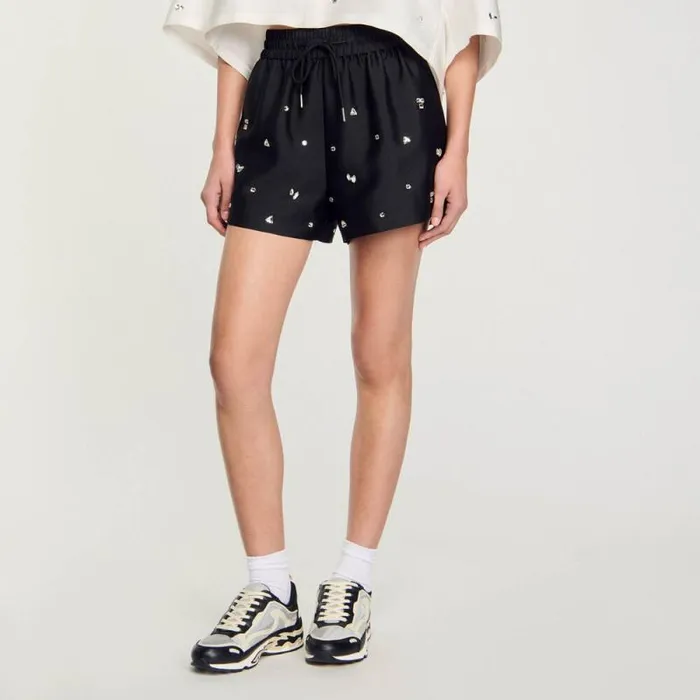 Pants and Shorts Women SANDRO Rhinestone Wideleg Shorts Black