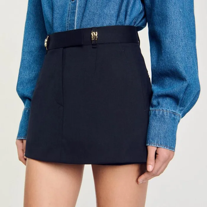 Pants and Shorts Women SANDRO Skort With Decorative Belt Loops Navy Blue