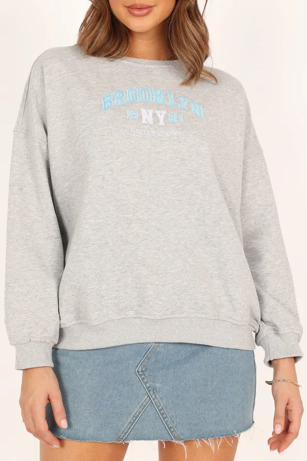 petalandpup Brooklyn NY Embroidered Sweatshirt 8211 Heather Grey Heather Grey Women Loungewear
