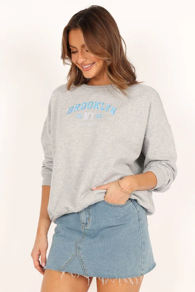petalandpup Brooklyn NY Embroidered Sweatshirt 8211 Heather Grey Heather Grey Women Loungewear