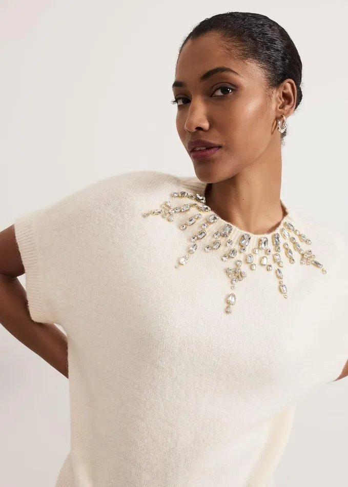 Phase Eight Allie Tabard Jewelled Top Ivory Women Knitwear