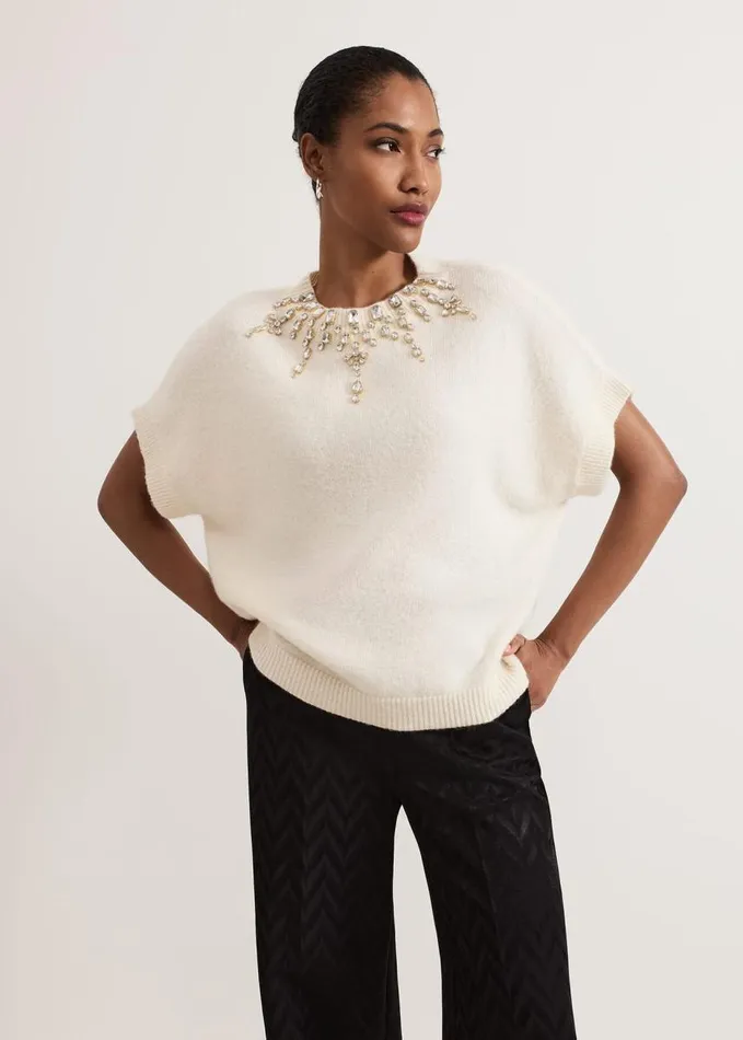 Phase Eight Allie Tabard Jewelled Top Ivory Women Knitwear