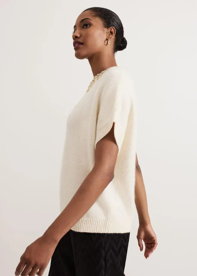 Phase Eight Allie Tabard Jewelled Top Ivory Women Knitwear