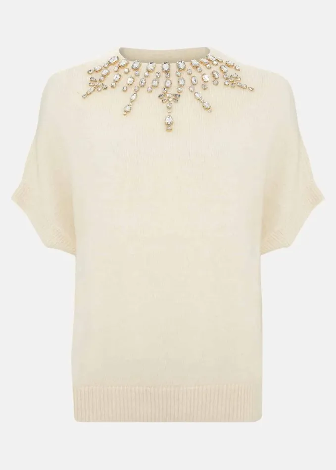 Phase Eight Allie Tabard Jewelled Top Ivory Women Knitwear