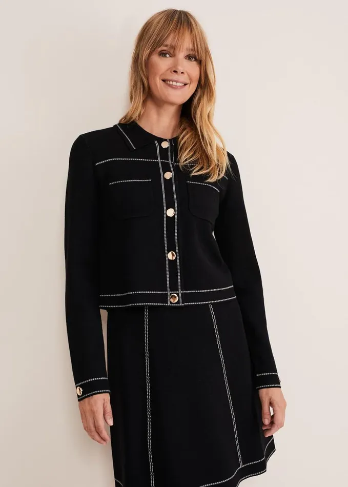 Phase Eight Amaya Contrast Stitch Knit Jacket Black Women Jackets