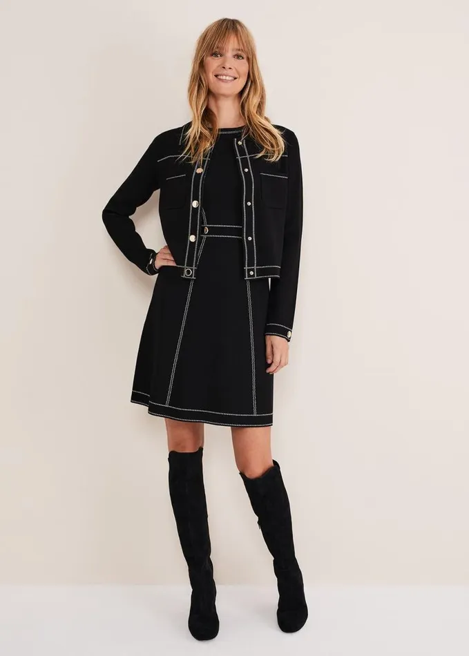 Phase Eight Amaya Contrast Stitch Knit Jacket Black Women Jackets