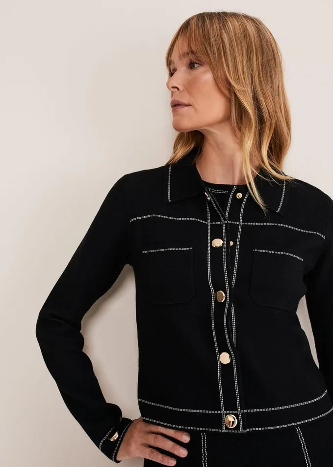 Phase Eight Amaya Contrast Stitch Knit Jacket Black Women Jackets