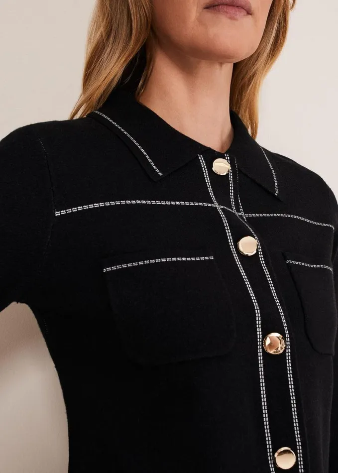 Phase Eight Amaya Contrast Stitch Knit Jacket Black Women Jackets