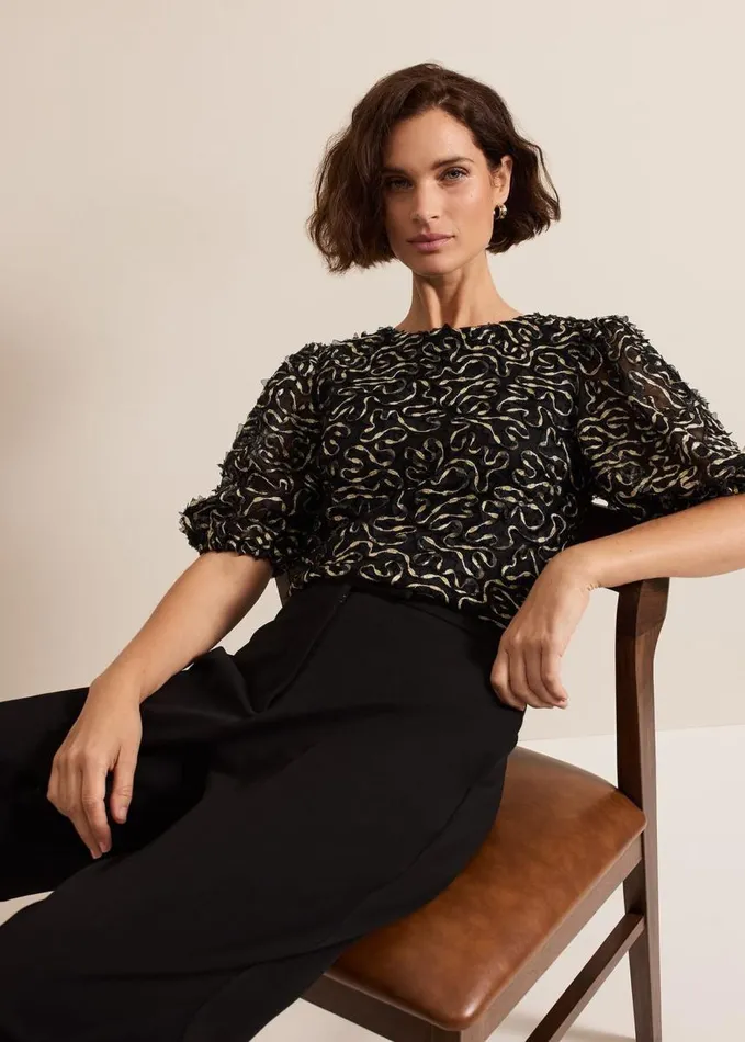 Phase Eight Ariella Textured Blouson Sleeve Top Black Women Shirts and Blouses