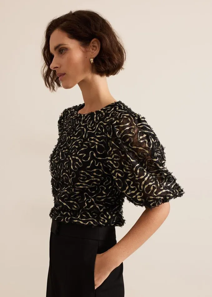 Phase Eight Ariella Textured Blouson Sleeve Top Black Women Shirts and Blouses