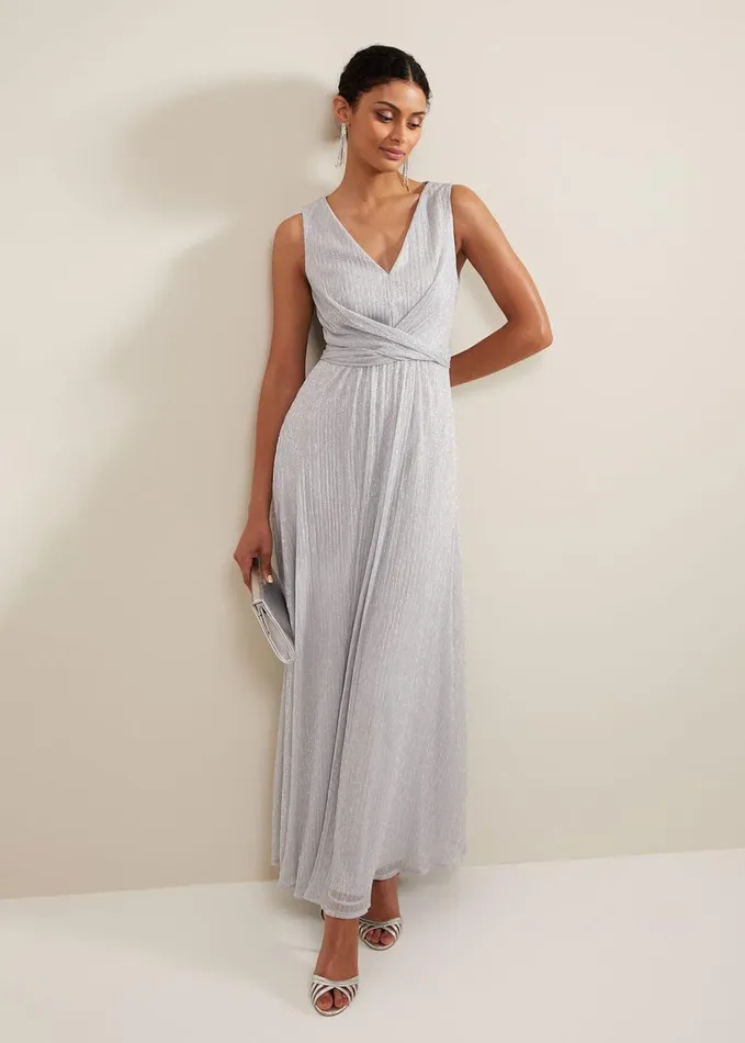 Phase Eight Artemis Plisse Shimmer Maxi Dress Silver Women Dresses