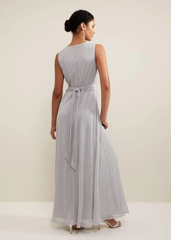 Phase Eight Artemis Plisse Shimmer Maxi Dress Silver Women Dresses