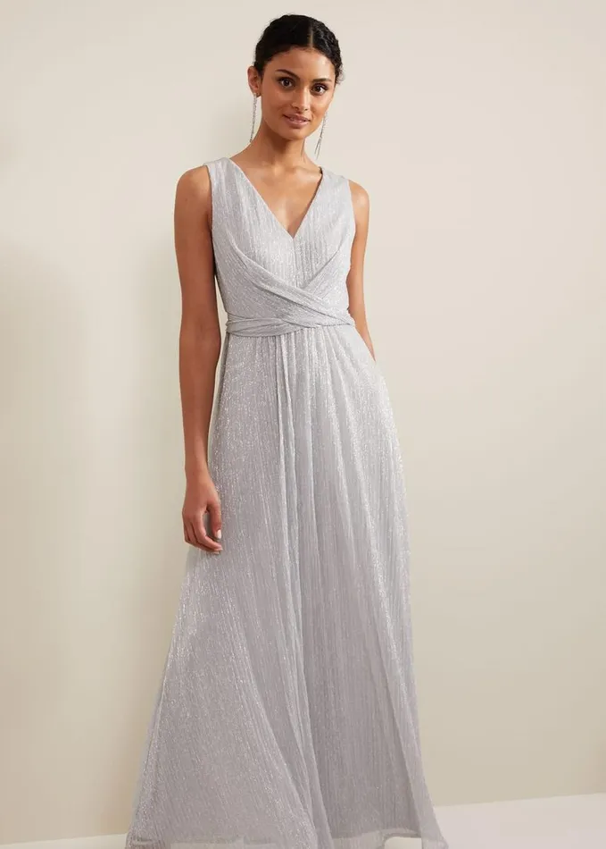 Phase Eight Artemis Plisse Shimmer Maxi Dress Silver Women Dresses