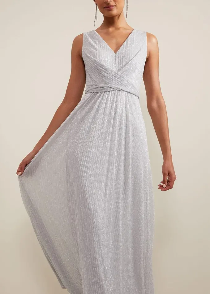 Phase Eight Artemis Plisse Shimmer Maxi Dress Silver Women Dresses