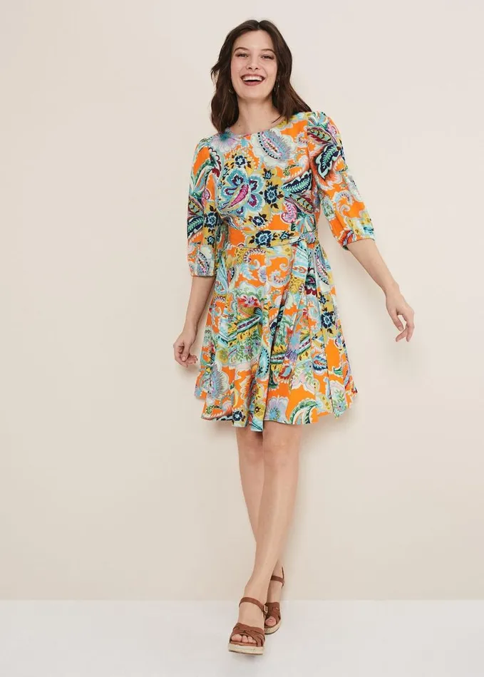 Phase Eight Azalia Paisley Linen Swing Dress Orangemulti Women Dresses
