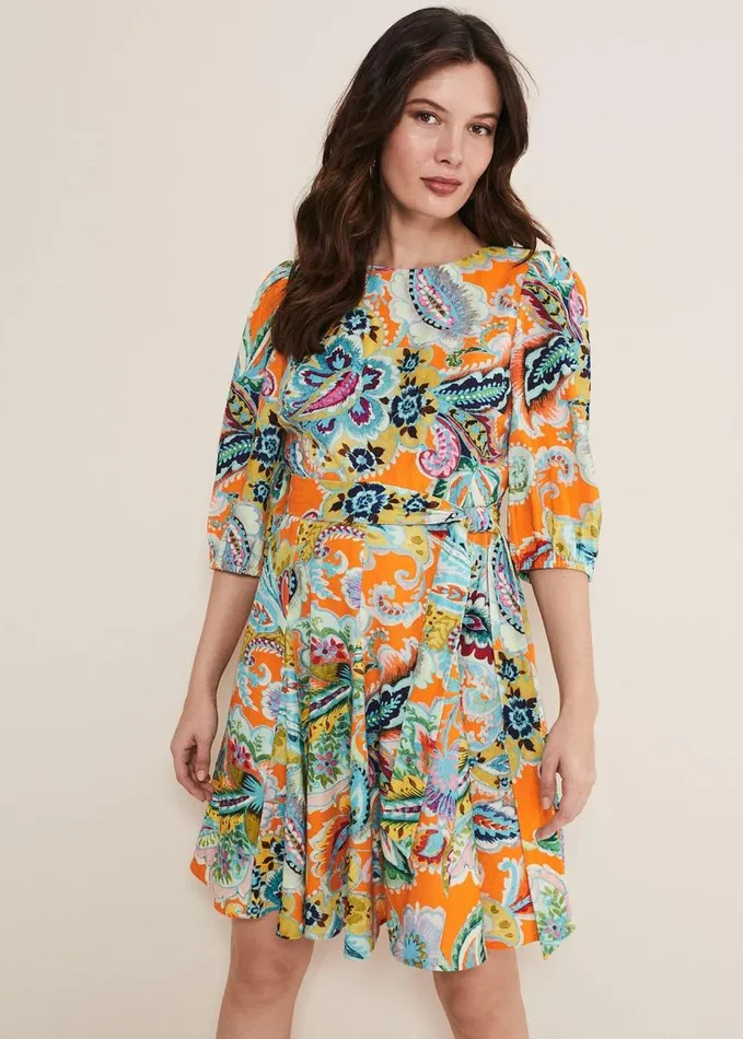 Phase Eight Azalia Paisley Linen Swing Dress Orangemulti Women Dresses