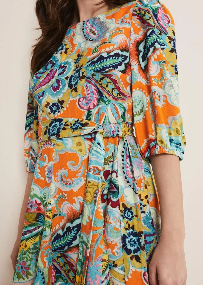 Phase Eight Azalia Paisley Linen Swing Dress Orangemulti Women Dresses