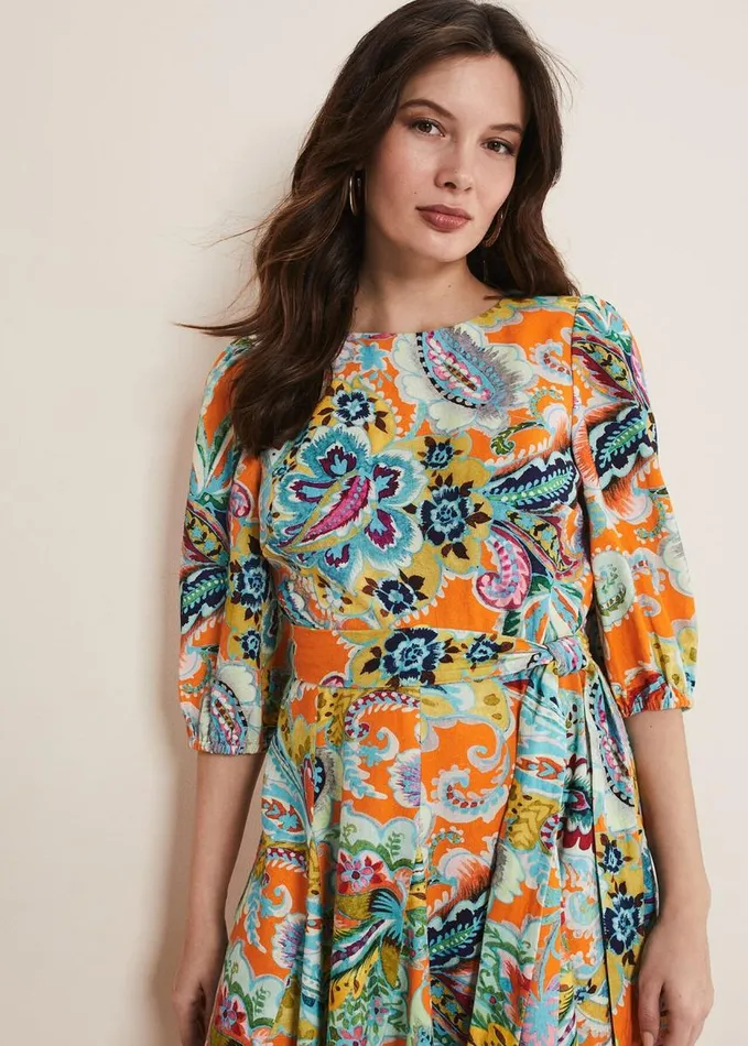 Phase Eight Azalia Paisley Linen Swing Dress Orangemulti Women Dresses