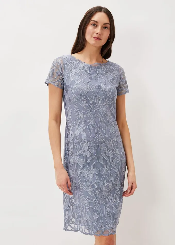 Phase Eight Bea Embroidered Dress Arctic Blue Women Dresses