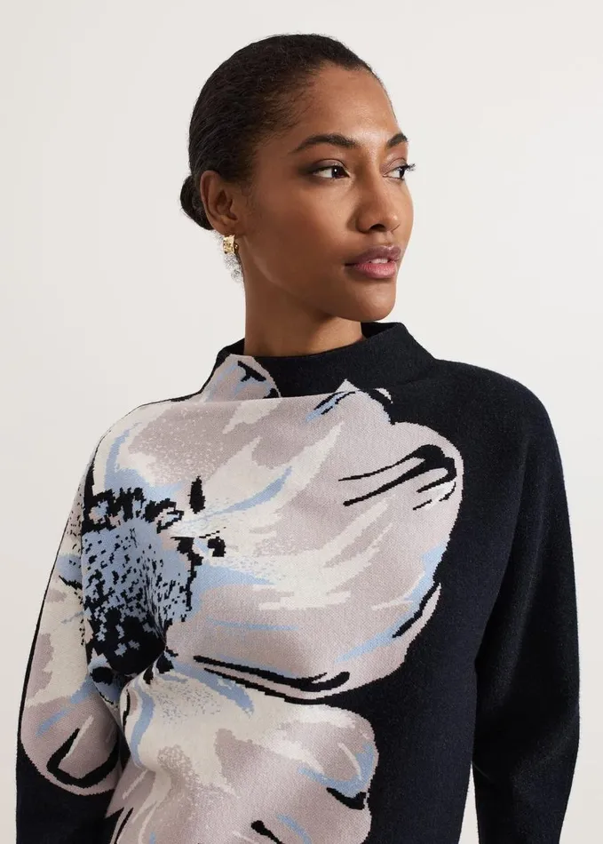 Phase Eight Bessie Blue Floral Placement Knit Navy Women Knitwear