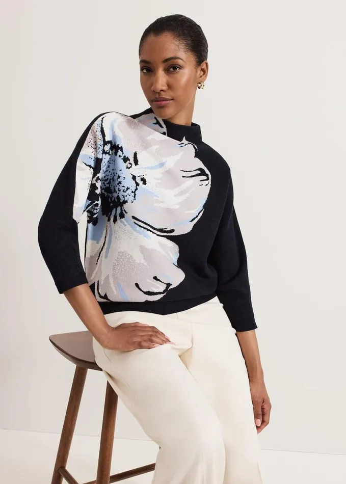 Phase Eight Bessie Blue Floral Placement Knit Navy Women Knitwear