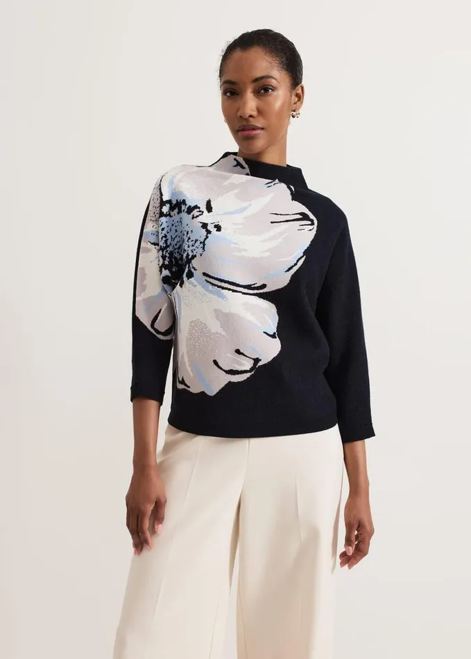 Phase Eight Bessie Blue Floral Placement Knit Navy Women Knitwear