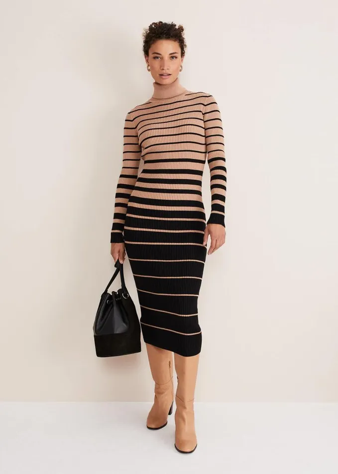Phase Eight Bettie Ombre Colourblock Ribbed Dress Camelblack Women Dresses