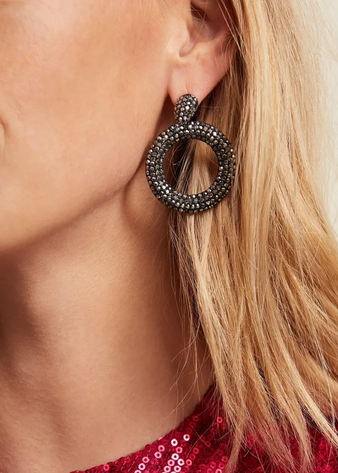 Phase Eight Black Sparkly Circle Earrings Gunmetal Women Jewellery