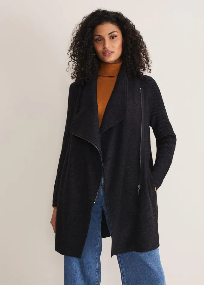 Phase Eight Byanca Zip Knit Coat Charcoal Women Knitwear