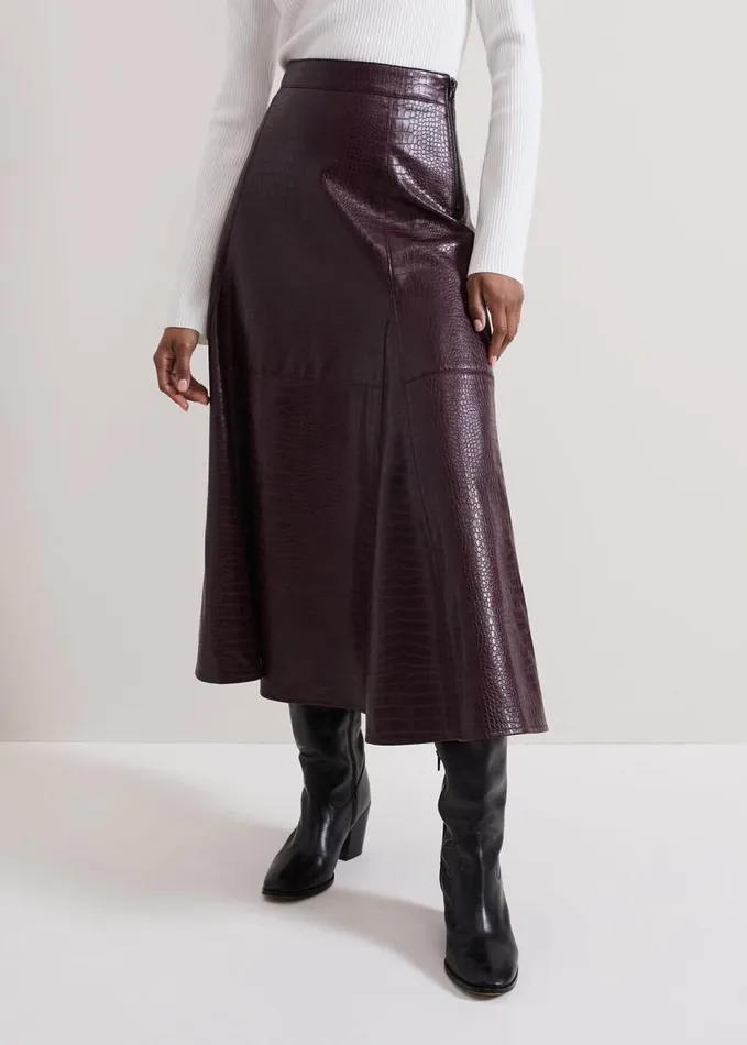 Phase Eight Carla Croc Pu Midi Skirt Burgundy Women Skirts