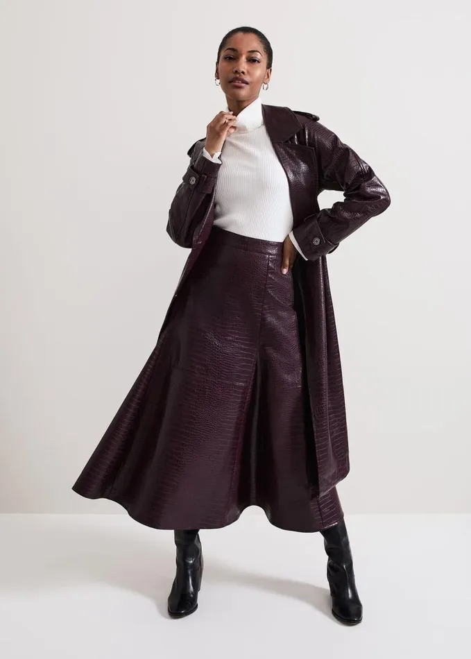 Phase Eight Carla Croc Pu Midi Skirt Burgundy Women Skirts