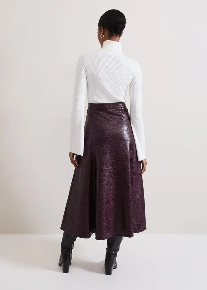 Phase Eight Carla Croc Pu Midi Skirt Burgundy Women Skirts