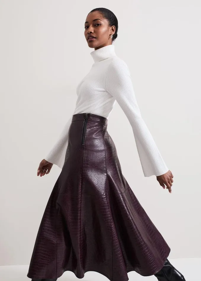 Phase Eight Carla Croc Pu Midi Skirt Burgundy Women Skirts