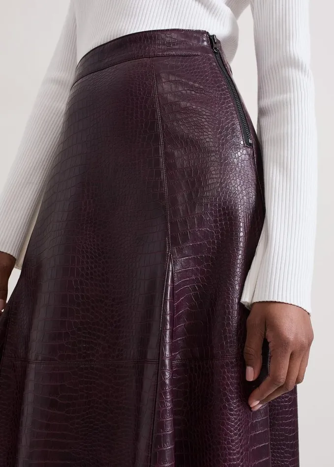 Phase Eight Carla Croc Pu Midi Skirt Burgundy Women Skirts