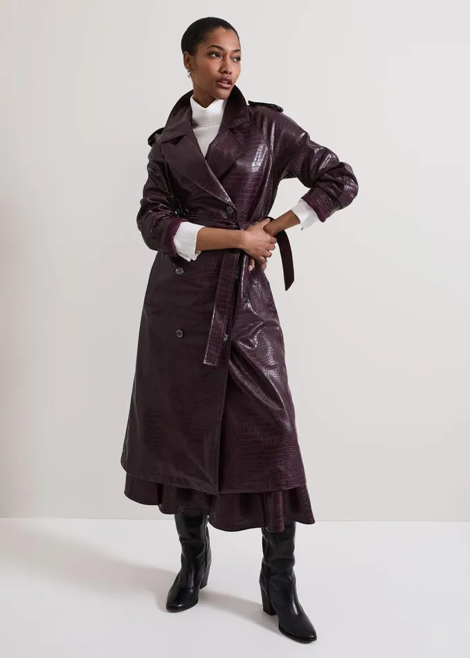 Phase Eight Carla Croc Pu Midi Skirt Burgundy Women Skirts