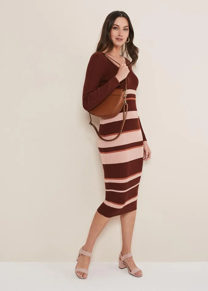 Phase Eight Dani Striped Midi Dress Burgundypink Women Dresses