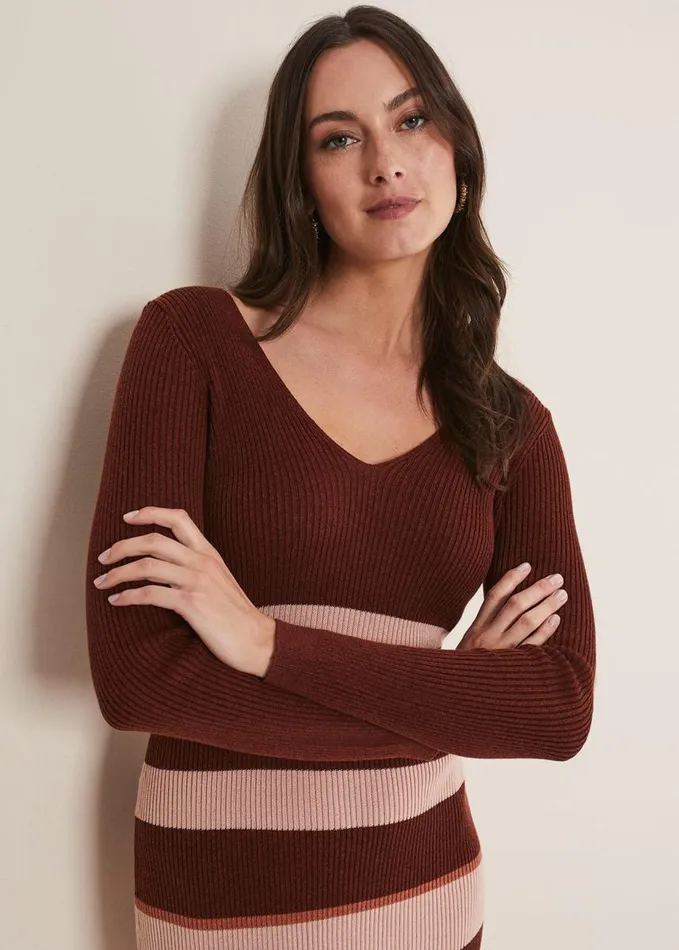 Phase Eight Dani Striped Midi Dress Burgundypink Women Dresses